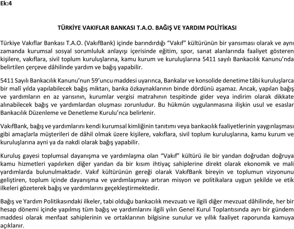 İTİKASI Türkiye Vakıflar Bankası T.A.O.