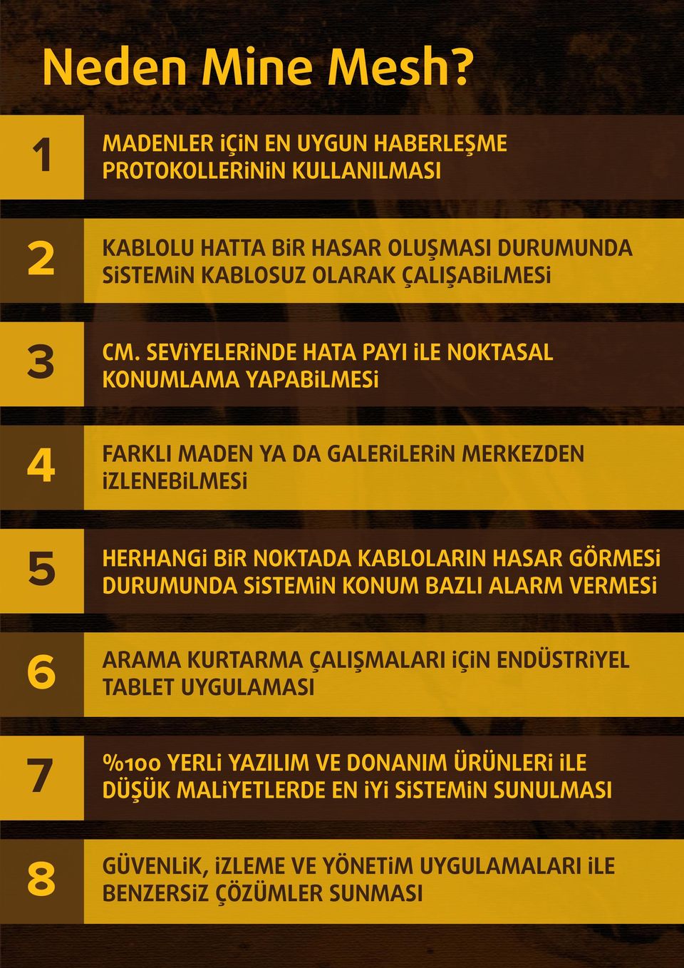 CM. SEVİYELERİNDE HATA PAYI İLE NOKTASAL KONUMLAMA YAPABİLMESİ 4 FARKLI MADEN YA DA GALERİLERİN MERKEZDEN İZLENEBİLMESİ 5 HERHANGİ BİR NOKTADA