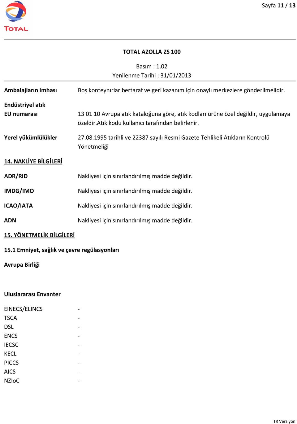 1995 tarihli ve 22387 sayılı Resmi Gazete Tehlikeli Atıkların Kontrolü Yönetmeliği 14. NAKLİYE BİLGİLERİ ADR/RID IMDG/IMO ICAO/IATA ADN Nakliyesi için sınırlandırılmış madde değildir.