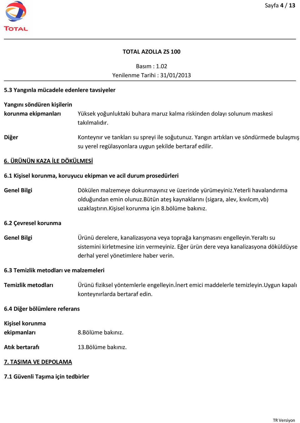 1 Kişisel korunma, koruyucu ekipman ve acil durum prosedürleri Genel Bilgi Dökülen malzemeye dokunmayınız ve üzerinde yürümeyiniz.yeterli havalandırma olduğundan emin olunuz.