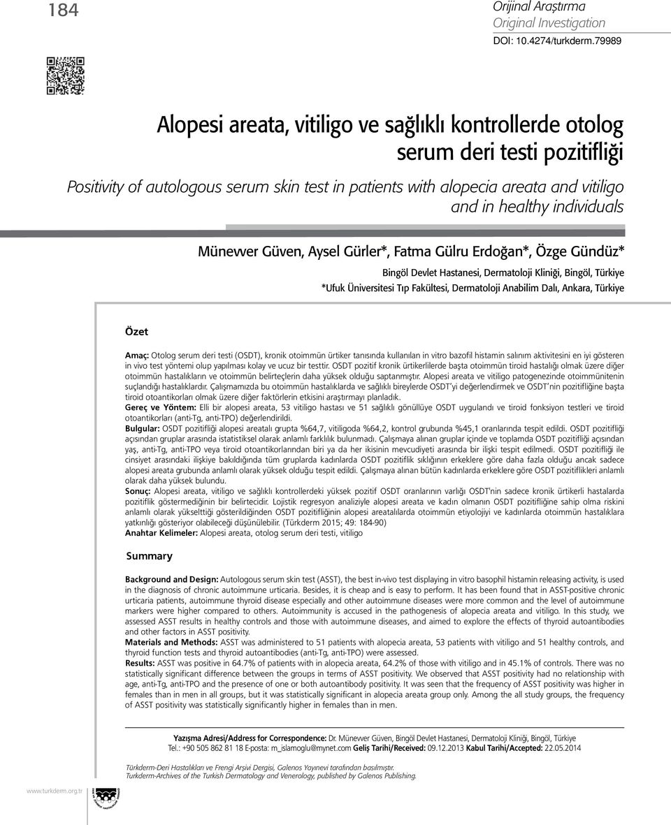 Alopesi areata, vitiligo ve sağlıklı kontrollerde otolog serum deri testi  pozitifliği - PDF Ücretsiz indirin