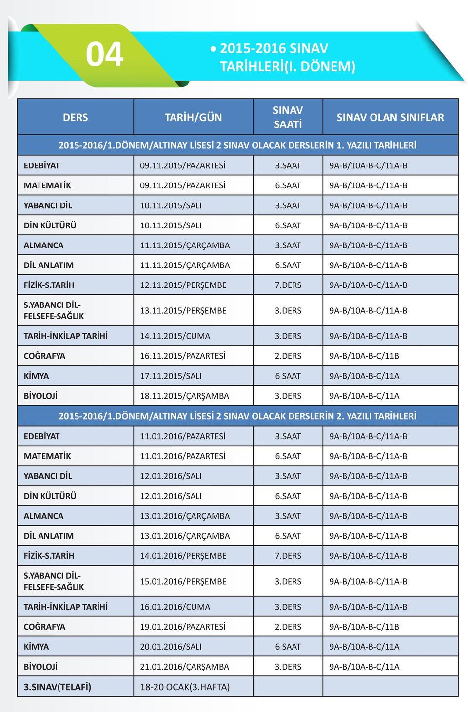 11.2015/ÇARÇAMBA 3.SAAT 9A-B/10A-B-C/11A-B DİL ANLATIM 11.11.2015/ÇARÇAMBA 6.SAAT 9A-B/10A-B-C/11A-B FİZİK-S.TARİH 12.11.2015/PERŞEMBE 7.DERS 9A-B/10A-B-C/11A-B S.YABANCI DİL- FELSEFE-SAĞLIK 13.11.2015/PERŞEMBE 3.