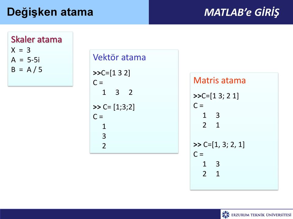 Vektör atama >>C=[1 3 2] C = 1 3 2 >> C= [1;3;2] C