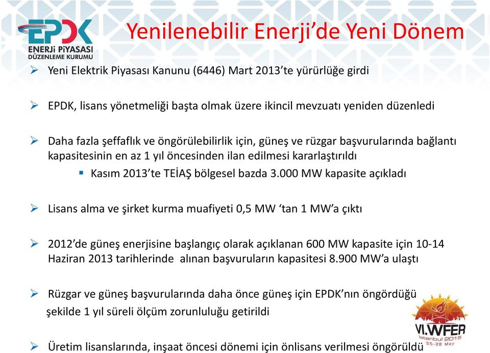 000 MW kapasite açıkladı Lisans alma ve şirket kurma muafiyeti 0,5 MW tan 1 MW a çıktı 2012 de güneş enerjisine başlangıç olarak açıklanan 600 MW kapasite için 10-14 Haziran 2013 tarihlerinde alınan