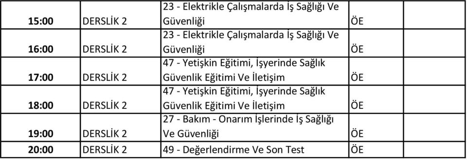 Eğitimi Ve İletişim 8:00 DERSLİK 2 47 - Yetişkin Eğitimi, İşyerinde Sağlık Güvenlik Eğitimi Ve