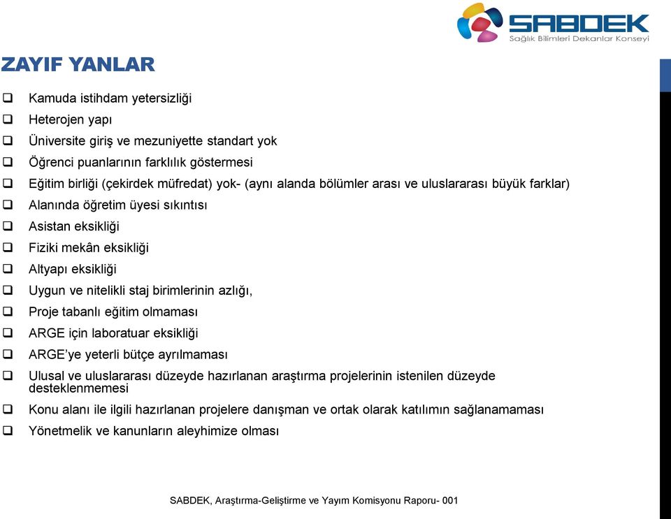 nitelikli staj birimlerinin azlığı, Proje tabanlı eğitim olmaması ARGE için laboratuar eksikliği ARGE ye yeterli bütçe ayrılmaması Ulusal ve uluslararası düzeyde hazırlanan