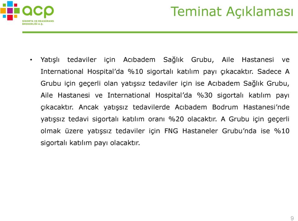 Sadece A Grubu için geçerli olan yatışsız tedaviler için ise Acıbadem Sağlık Grubu, Aile Hastanesi ve International Hospital da %30