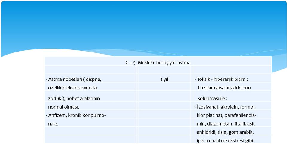 normal olması, - İzosiyanat, akrolein, formol, - Anfizem, kronik kor pulmo- klor platinat,