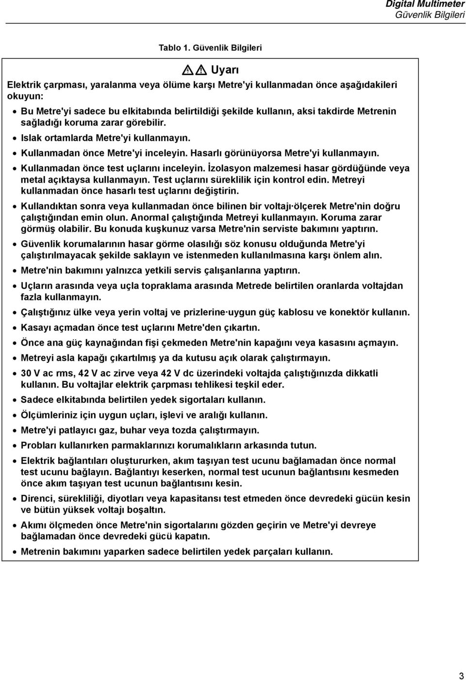 takdirde Metrenin sağladığı koruma zarar görebilir. Islak ortamlarda Metre'yi kullanmayın. Kullanmadan önce Metre'yi inceleyin. Hasarlı görünüyorsa Metre'yi kullanmayın.