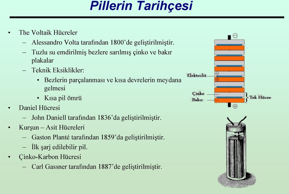 devrelerin meydana gelmesi Kısa pil ömrü Daniel Hücresi John Daniell tarafından 1836 da geliştirilmiştir.