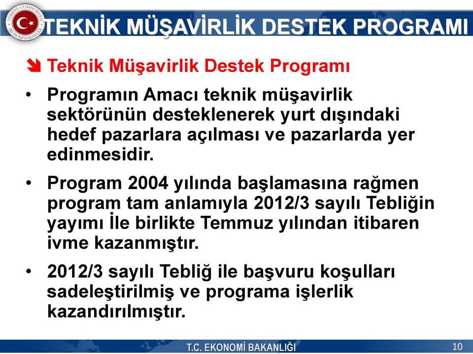 Program 2004 yılında başlamasına rağmen program tam anlamıyla 2012/3 sayılı Tebliğin yayımı İle birlikte Temmuz