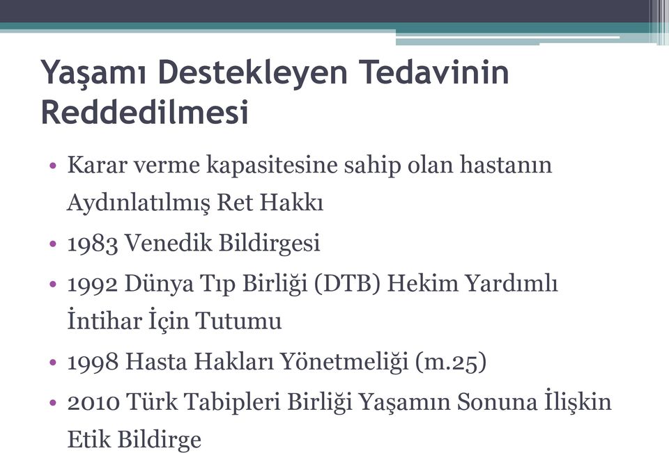 Tıp Birliği (DTB) Hekim Yardımlı İntihar İçin Tutumu 1998 Hasta Hakları