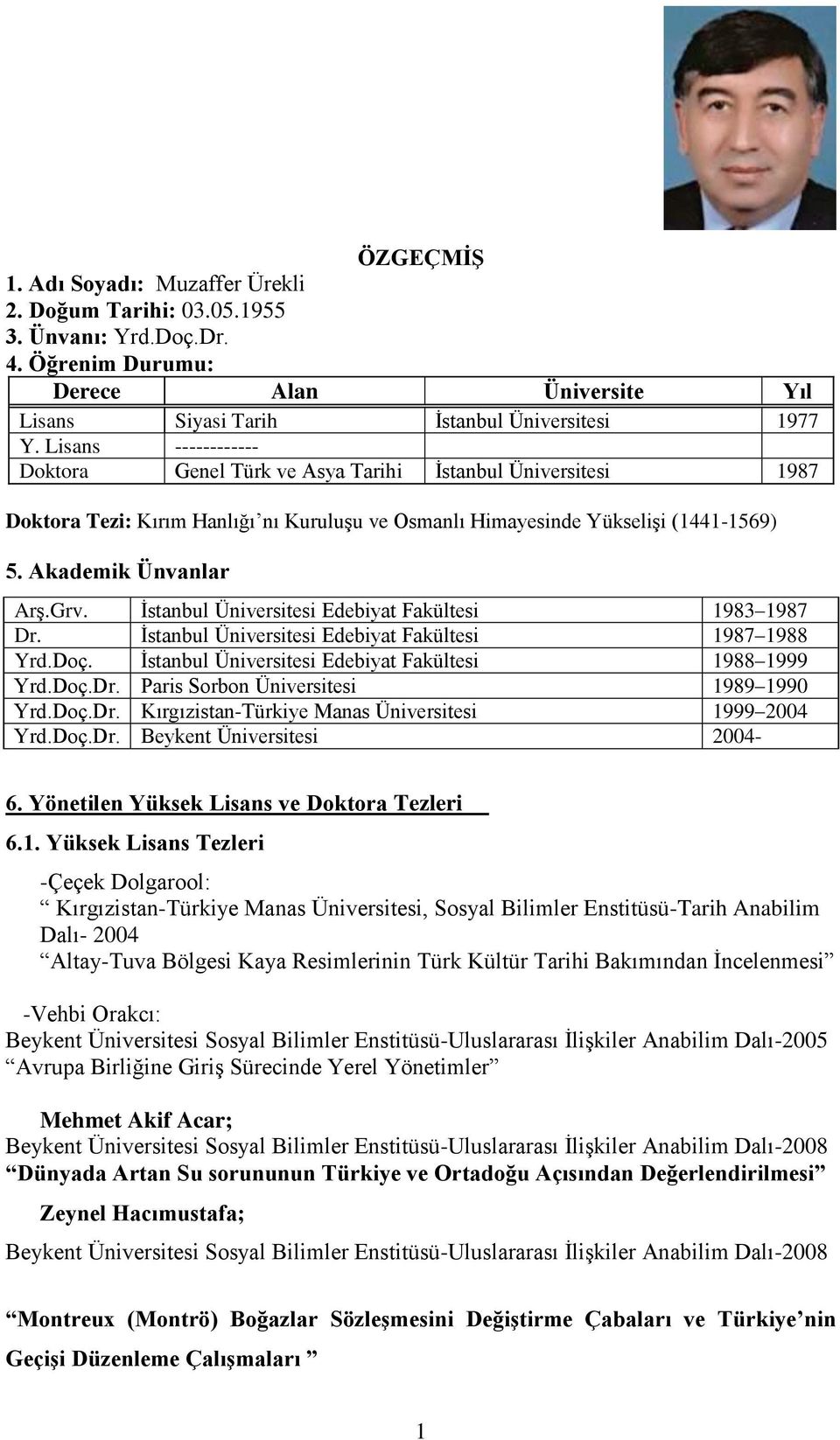 İstanbul Üniversitesi Edebiyat Fakültesi 1983 1987 Dr. İstanbul Üniversitesi Edebiyat Fakültesi 1987 1988 Yrd.Doç. İstanbul Üniversitesi Edebiyat Fakültesi 1988 1999 Yrd.Doç.Dr. Paris Sorbon Üniversitesi 1989 1990 Yrd.