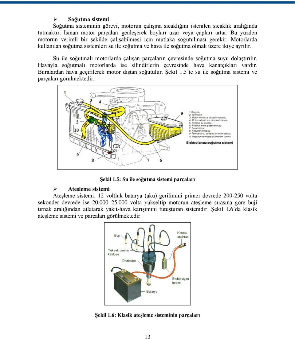 Su ile soğutmalı motorlarda çalışan parçaların çevresinde soğutma suyu dolaştırılır. Havayla soğutmalı motorlarda ise silindirlerin çevresinde hava kanatçıkları vardır.