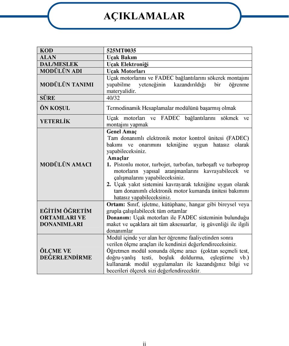 SÜRE 40/32 ÖN KOŞUL YETERLİK MODÜLÜN AMACI EĞİTİM ÖĞRETİM ORTAMLARI VE DONANIMLARI ÖLÇME VE DEĞERLENDİRME AÇIKLAMALAR Termodinamik Hesaplamalar modülünü başarmış olmak Uçak motorları ve FADEC