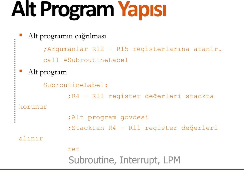 call #SubroutineLabel SubroutineLabel: ;R4 R11 register değerleri