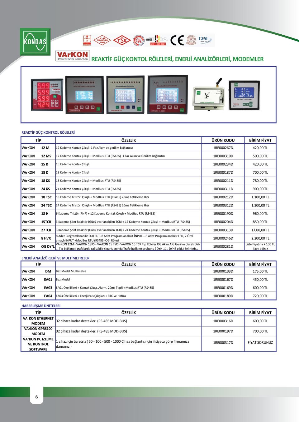 Kontak Çıkışlı + ModBus RTU (RS48) RE0002D 780,00 TL 24 Kademe Kontak Çıkışlı + ModBus RTU (RS48) RE000D 900,00 TL 8 Kademe Tristör Çıkışlı + ModBus RTU (RS48) ms Tetikleme Hızı RE00022D.