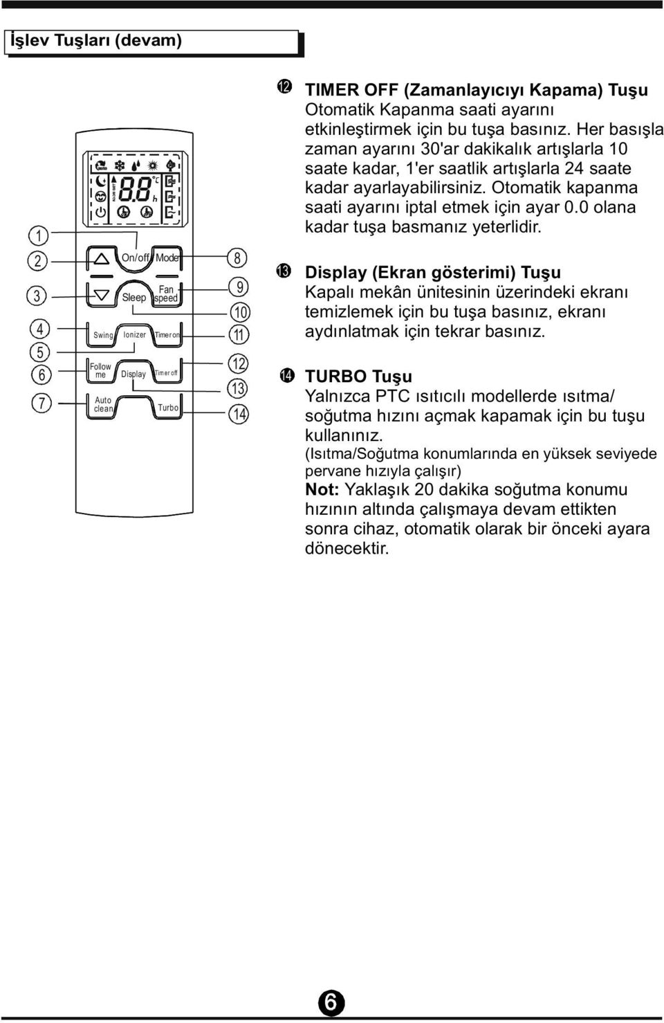 Otomatik kapanma saati ayarını iptal etmek için ayar 0.0 olana kadar tuşa basmanız yeterlidir.