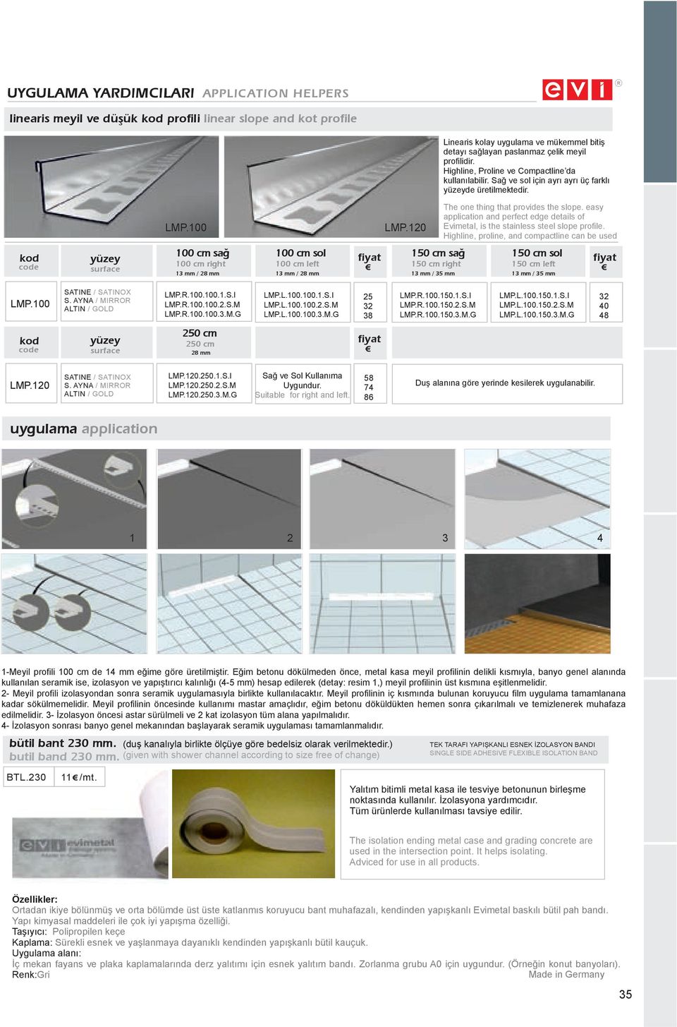 easy application and perfect edge details of LMP.100 LMP.120 Evimetal, is the stainless steel slope profile.