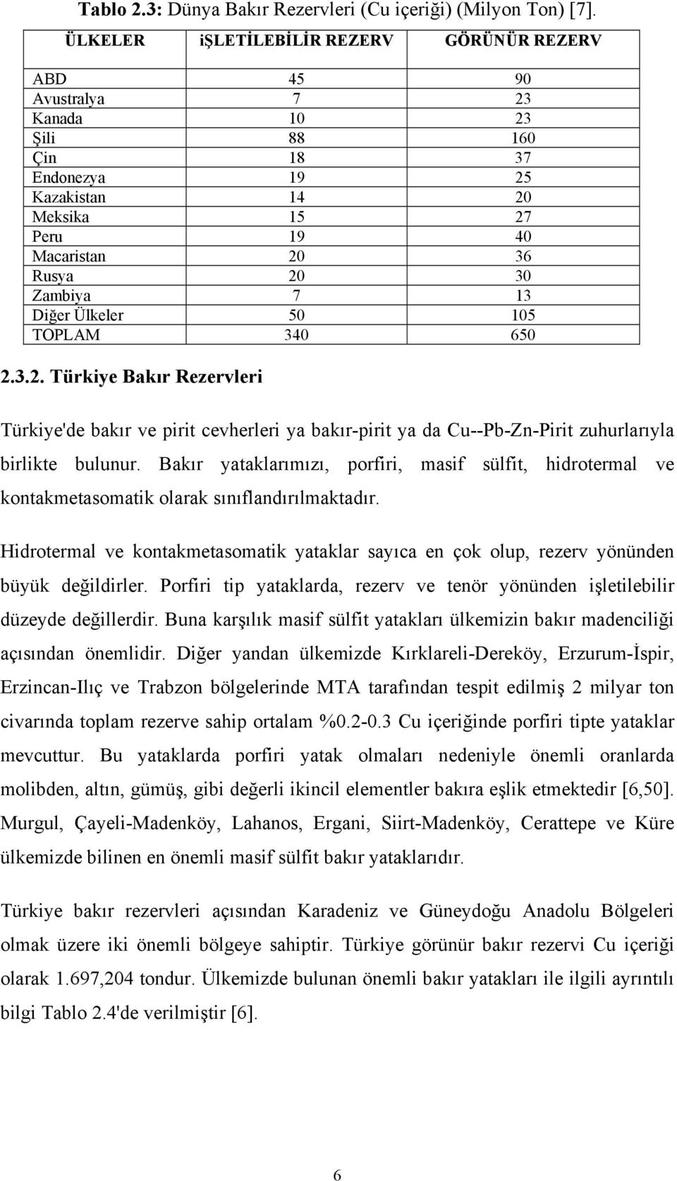 7 13 Diğer Ülkeler 50 105 TOPLAM 340 650 2.3.2. Türkiye Bakır Rezervleri Türkiye'de bakır ve pirit cevherleri ya bakır-pirit ya da Cu--Pb-Zn-Pirit zuhurlarıyla birlikte bulunur.