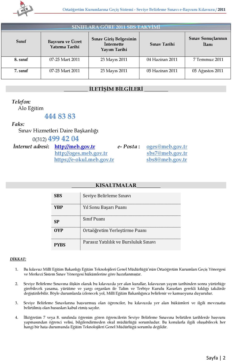 sınıf 07-25 Mart 2011 23 Mayıs 2011 05 Haziran 2011 05 Ağustos 2011 Telefon: Alo Eğitim 444 83 83 Faks: Sınav Hizmetleri Daire Başkanlığı 0(312) 499 42 04 İLETİŞİM BİLGİLERİ İnternet adresi: