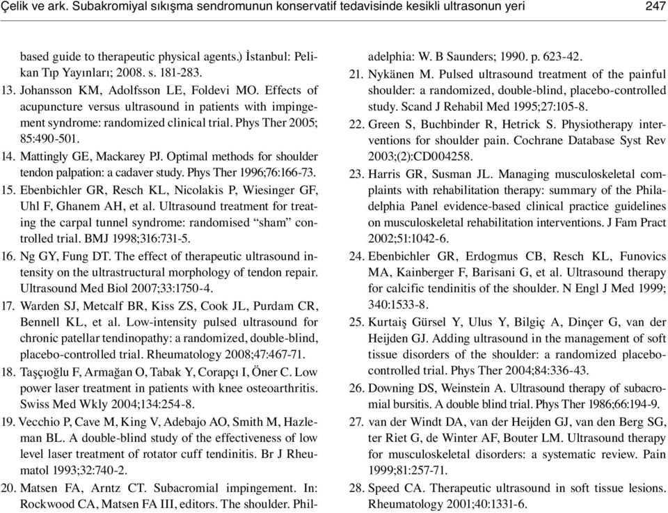 Mattingly GE, Mackarey PJ. Optimal methods for shoulder tendon palpation: a cadaver study. Phys Ther 1996;76:166-73. 15. Ebenbichler GR, Resch KL, Nicolakis P, Wiesinger GF, Uhl F, Ghanem AH, et al.