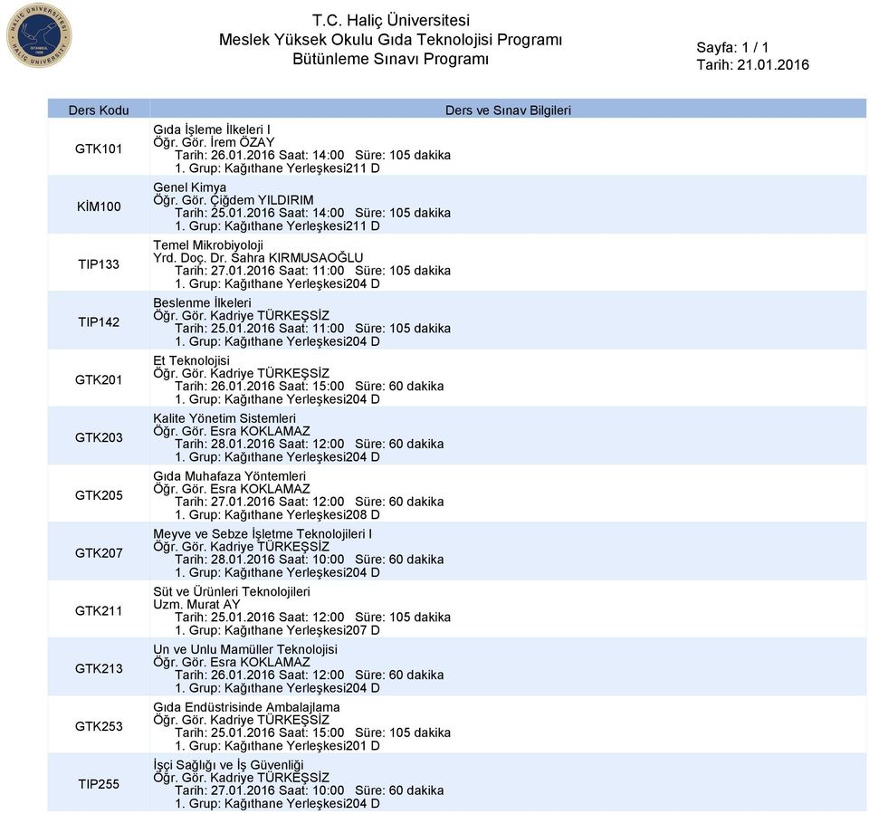 Kadriye TÜRKEŞSİZ Tarih: 25.01.2016 Saat: 11:00 Süre: 105 dakika Et Teknolojisi Öğr. Gör. Kadriye TÜRKEŞSİZ Tarih: 26.01.2016 Saat: 15:00 Süre: 60 dakika Kalite Yönetim Sistemleri Öğr. Gör. Esra KOKLAMAZ Tarih: 28.