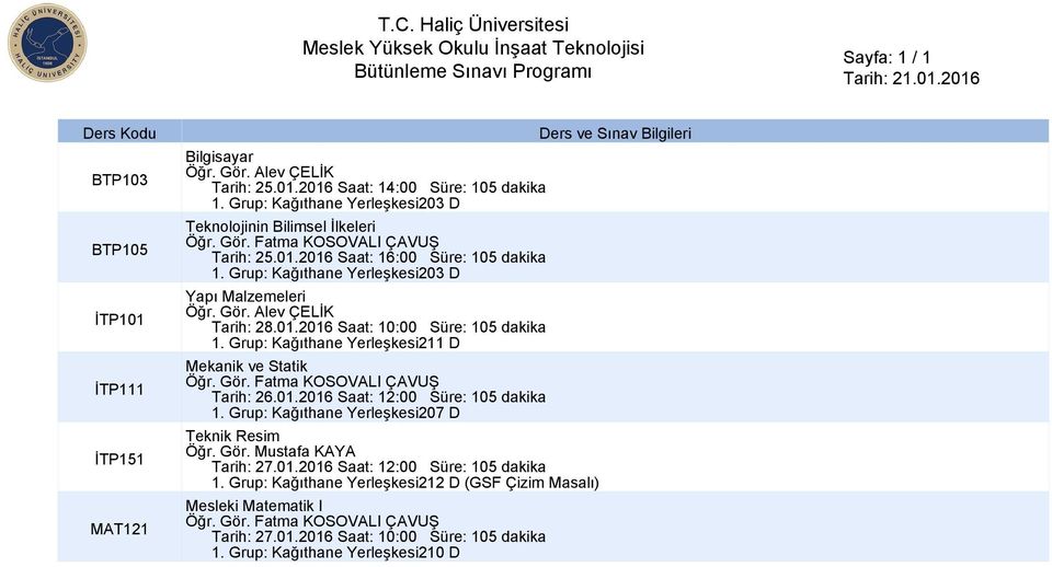 Gör. Fatma KOSOVALI ÇAVUŞ Tarih: 26.01.2016 Saat: 12:00 Süre: 105 dakika Teknik Resim Öğr. Gör. Mustafa KAYA Tarih: 27.01.2016 Saat: 12:00 Süre: 105 dakika Mesleki Matematik I Öğr.