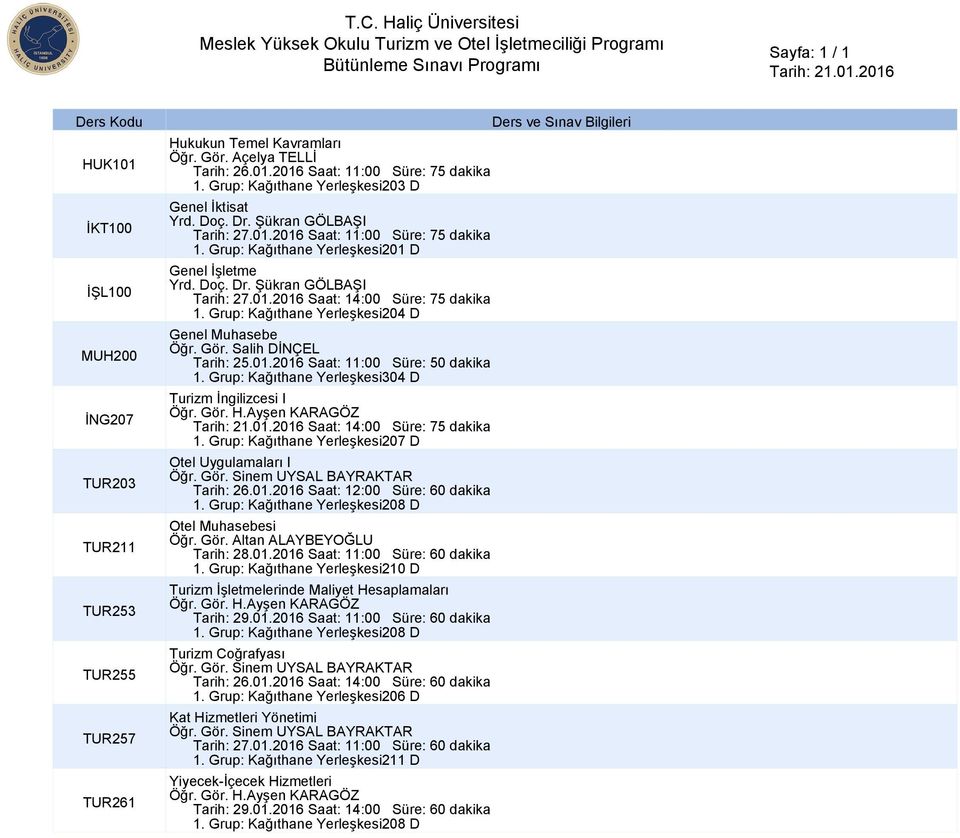 Salih DİNÇEL Tarih: 25.01.2016 Saat: 11:00 Süre: 50 dakika Turizm İngilizcesi I Öğr. Gör. H.Ayşen KARAGÖZ Saat: 14:00 Süre: 75 dakika Otel Uygulamaları I Öğr. Gör. Sinem UYSAL BAYRAKTAR Tarih: 26.01.2016 Saat: 12:00 Süre: 60 dakika Otel Muhasebesi Öğr.
