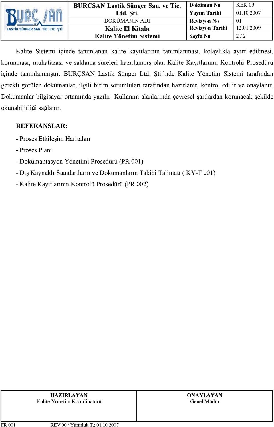 Kalite Kayıtlarının Kontrolü Prosedürü içinde tanımlanmıştır. BURÇSAN Lastik Sünger Ltd. Şti.