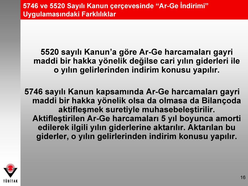 5746 sayılı Kanun kapsamında Ar-Ge harcamaları gayri maddi bir hakka yönelik olsa da olmasa da Bilançoda aktifleşmek suretiyle