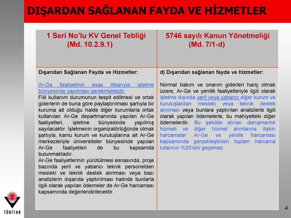 Fiili kullanım durumunun tespit edilmesi ve ortak giderlerin de buna göre paylaştırılması şartıyla bir kuruma ait olduğu halde diğer kurumlarla ortak kullanılan Ar-Ge departmanında yapılan Ar-Ge