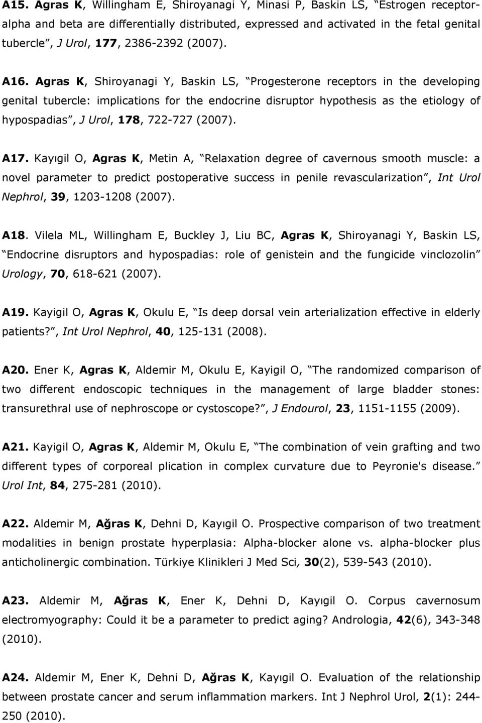 Agras K, Shiroyanagi Y, Baskin LS, Progesterone receptors in the developing genital tubercle: implications for the endocrine disruptor hypothesis as the etiology of hypospadias, J Urol, 178, 722-727