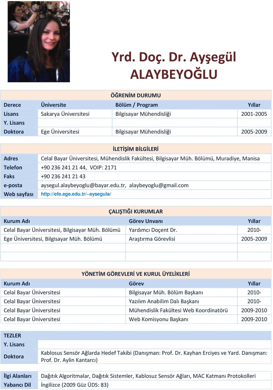 Bölümü, Muradiye, Manisa Telefon +90, VOIP: Faks +90 e-posta aysegul.alaybeyoglu@bayar.edu.tr, alaybeyoglu@gmail.com Web sayfası http://efe.ege.edu.tr/~aysegula/ ÇALIŞTIĞI KURUMLAR Kurum Adı Görev Unvanı Celal Bayar Üniversitesi, Bilgisayar Müh.