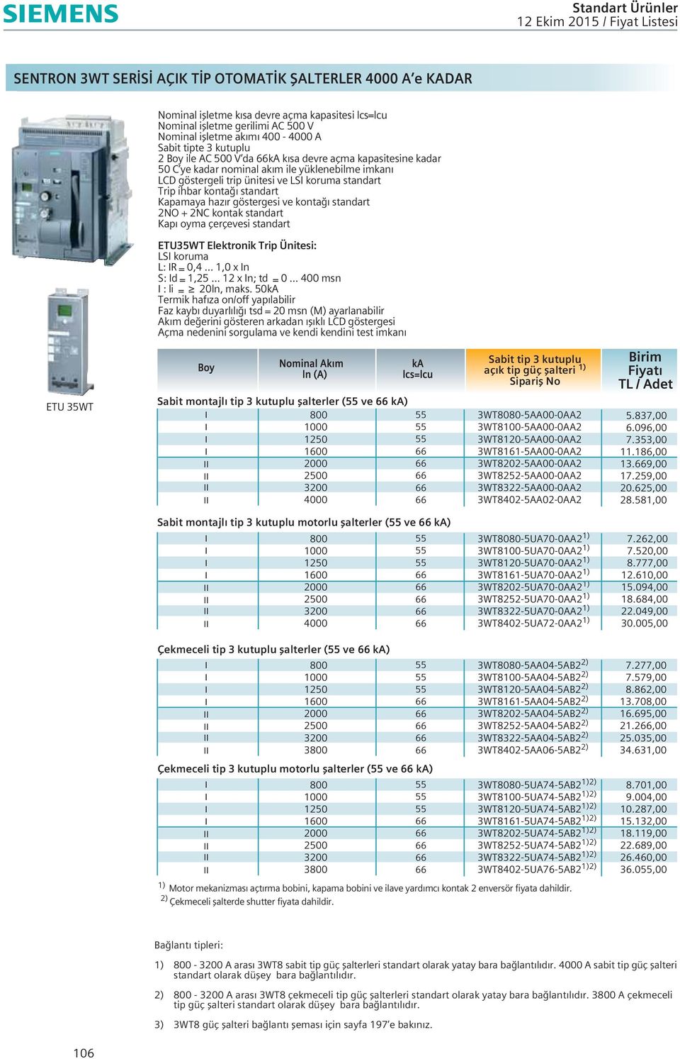 r göstergesi ve konta standart 2O + 2C kontak standart Kap oyma çerçevesi standart ETU35WT Elektronik Trip Ünitesi: LSI koruma L: IR 0,4... 1,0 x In S: Id 1,25... 12 x In; td 0.