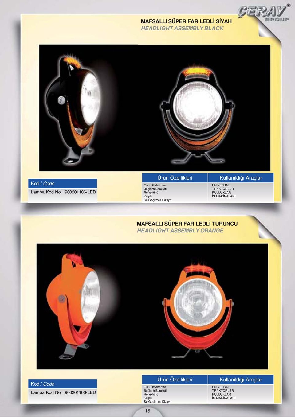 MAFSALLI SÜPER FAR LEDLÝ TURUNCU HEADLIGHT ASSEMBLY ORANGE Lamba