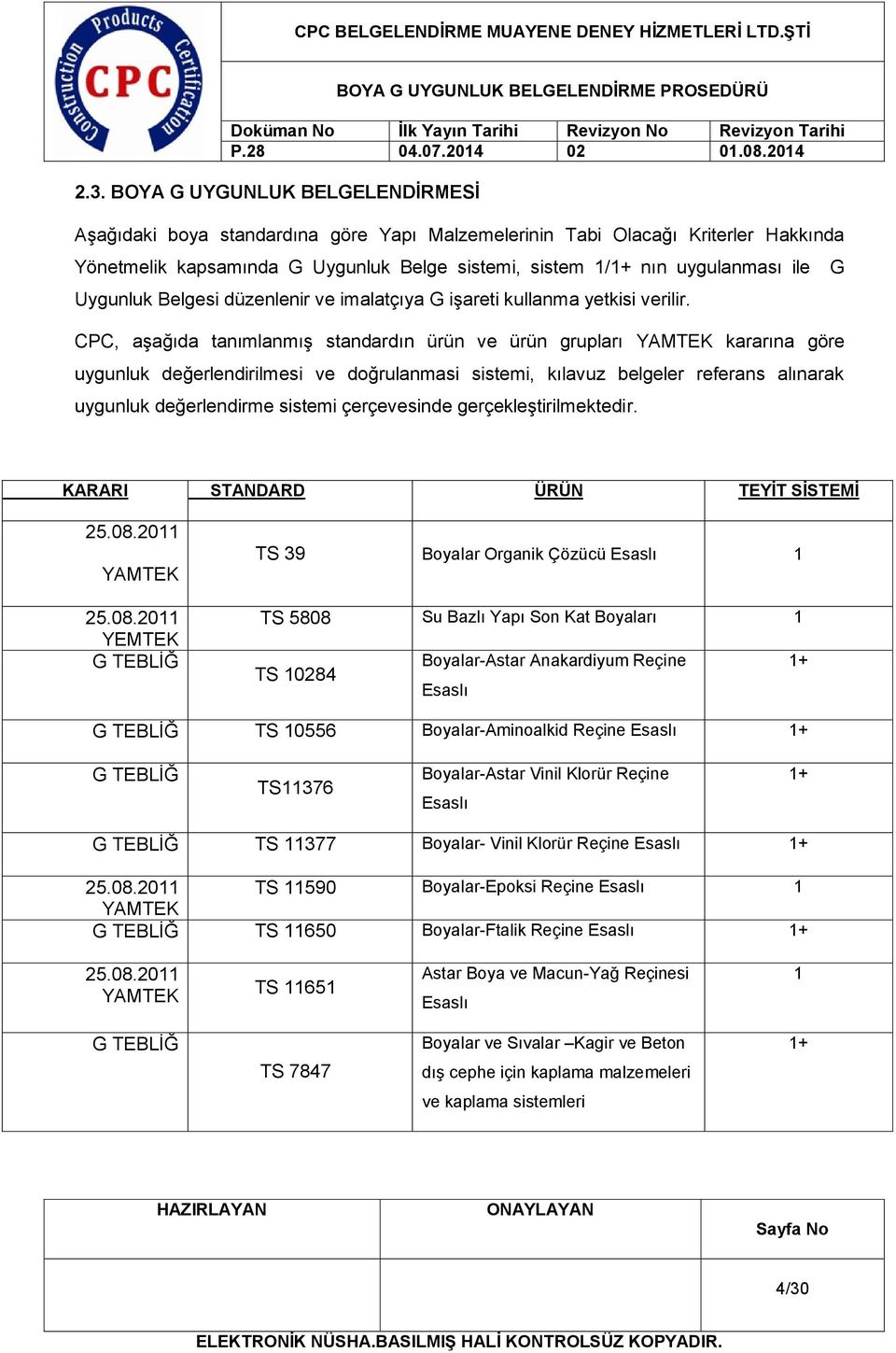 CPC, aşağıda tanımlanmış standardın ürün ve ürün grupları YAMTEK kararına göre uygunluk değerlendirilmesi ve doğrulanmasi sistemi, kılavuz belgeler referans alınarak uygunluk değerlendirme sistemi