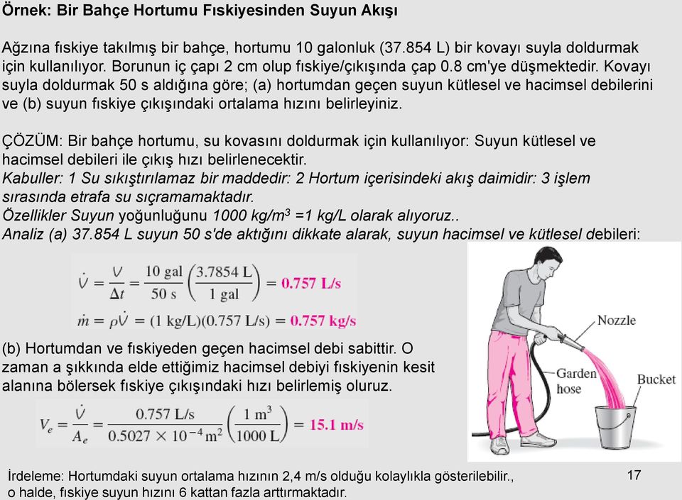 Kovayı suyla doldurmak 50 s aldığına göre; (a) hortumdan geçen suyun kütlesel ve hacimsel debilerini ve (b) suyun fıskiye çıkışındaki ortalama hızını belirleyiniz.