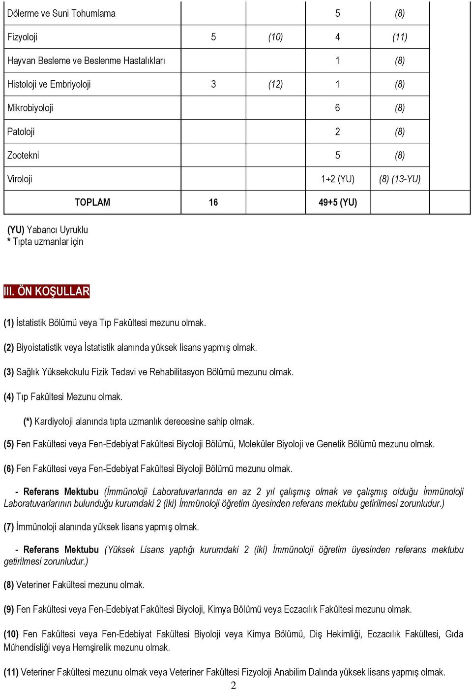 (2) Biyoistatistik veya İstatistik alanında yüksek lisans yapmış olmak. (3) Sağlık Yüksekokulu Fizik Tedavi ve Rehabilitasyon Bölümü mezunu olmak. (4) Tıp Fakültesi Mezunu olmak.