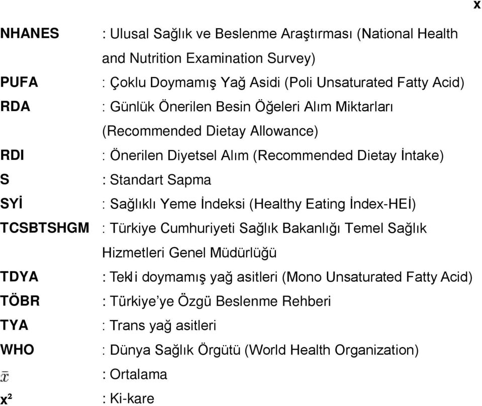 Yeme İndeksi (Healthy Eating İndex-HEİ) TCSBTSHGM : Türkiye Cumhuriyeti Sağlık Bakanlığı Temel Sağlık Hizmetleri Genel Müdürlüğü TDYA : Tekl i doymamış yağ asitleri