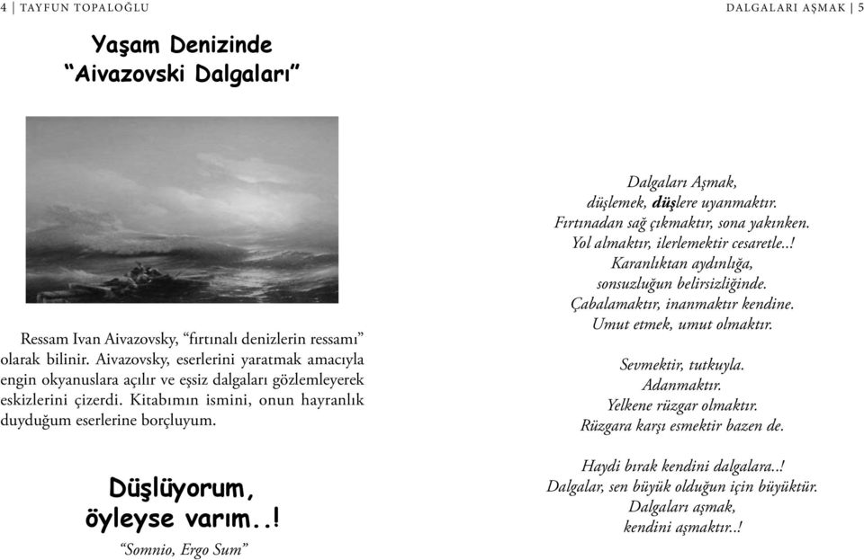 Düşlüyorum, öyleyse varım..! Somnio, Ergo Sum Dalgaları Aşmak, düşlemek, düşlere uyanmaktır. Fırtınadan sağ çıkmaktır, sona yakınken. Yol almaktır, ilerlemektir cesaretle.