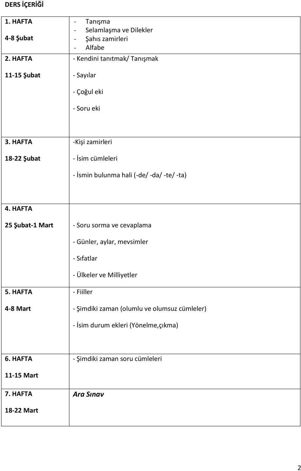 HAFTA 18-22 Şubat -Kişi zamirleri - İsim cümleleri - İsmin bulunma hali (-de/ -da/ -te/ -ta) 4.