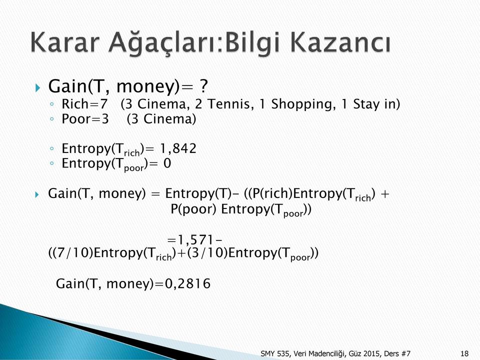 )= 1,842 Entropy(T poor )= 0 Gain(T, money) = Entropy(T)- ((P(rich)Entropy(T rich )