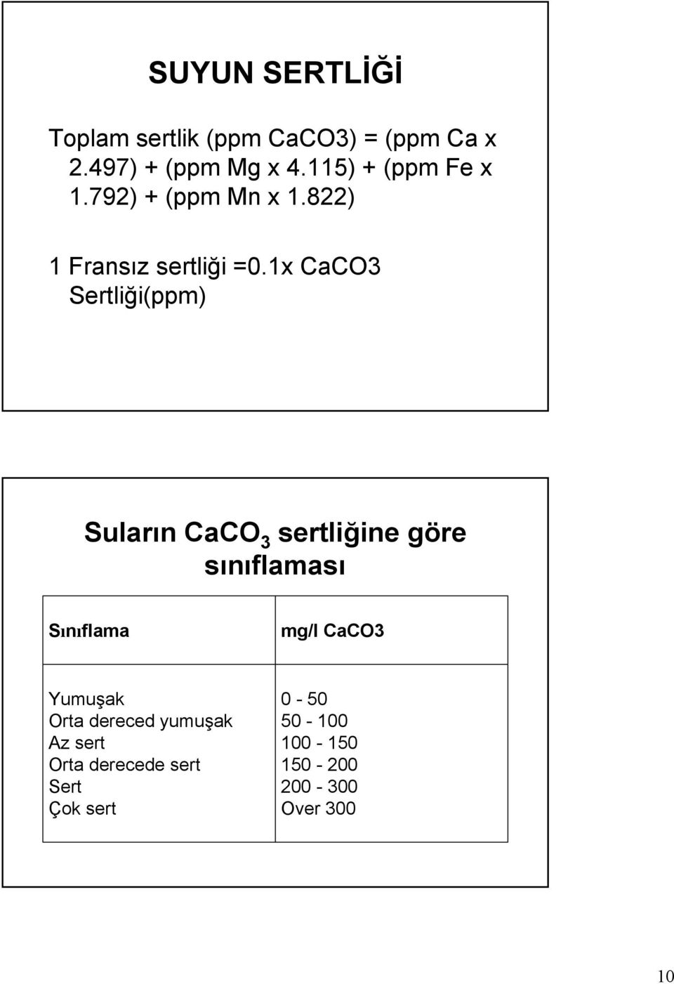 1x CaCO3 Sertliği(ppm) Suların CaCO 3 sertliğine göre sınıflaması Sınıflama mg/l