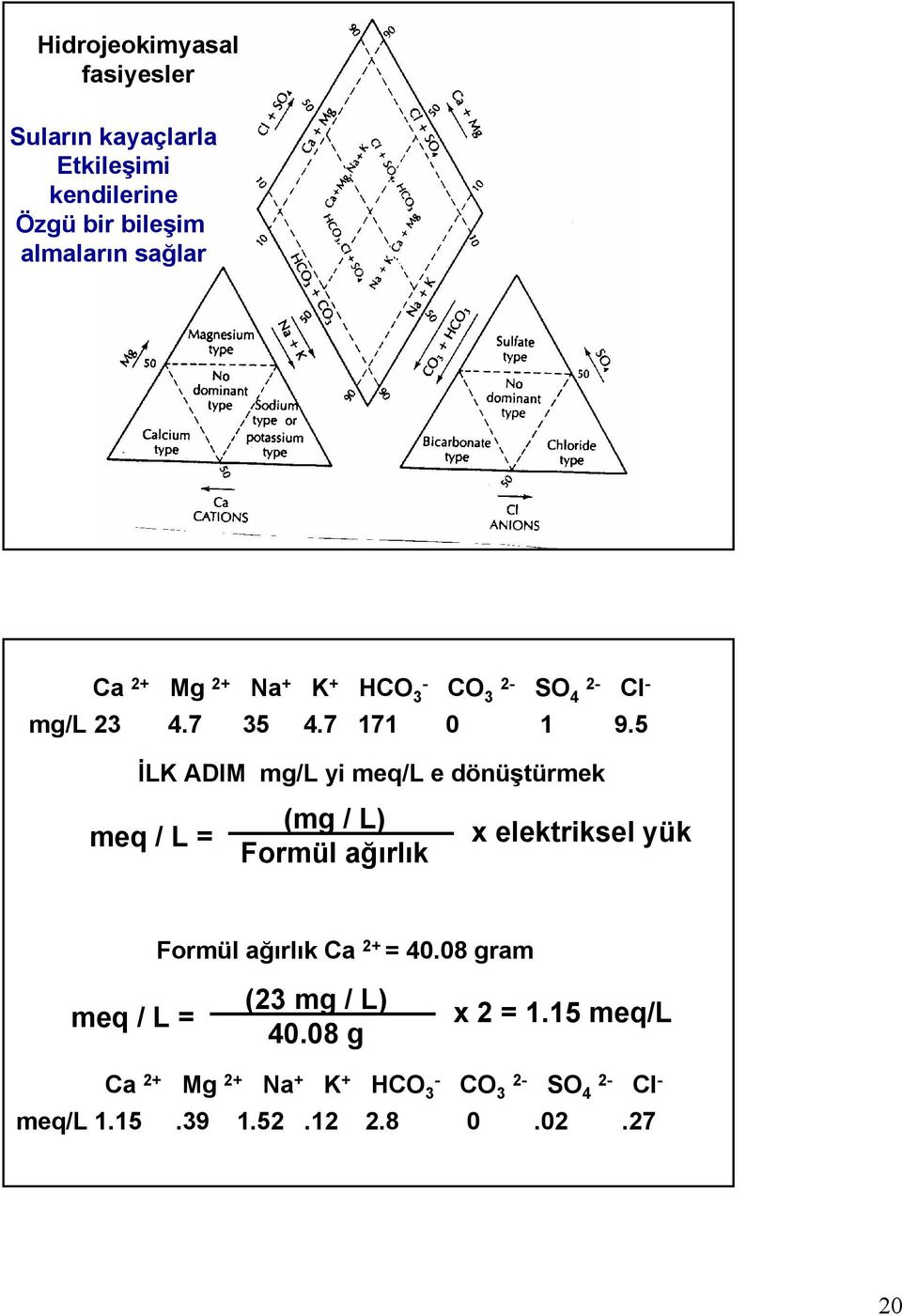 5 İLK ADIM mg/l yi meq/l e dönüştürmek meq / L = (mg / L) Formül ağırlık x elektriksel yük Formül ağırlık