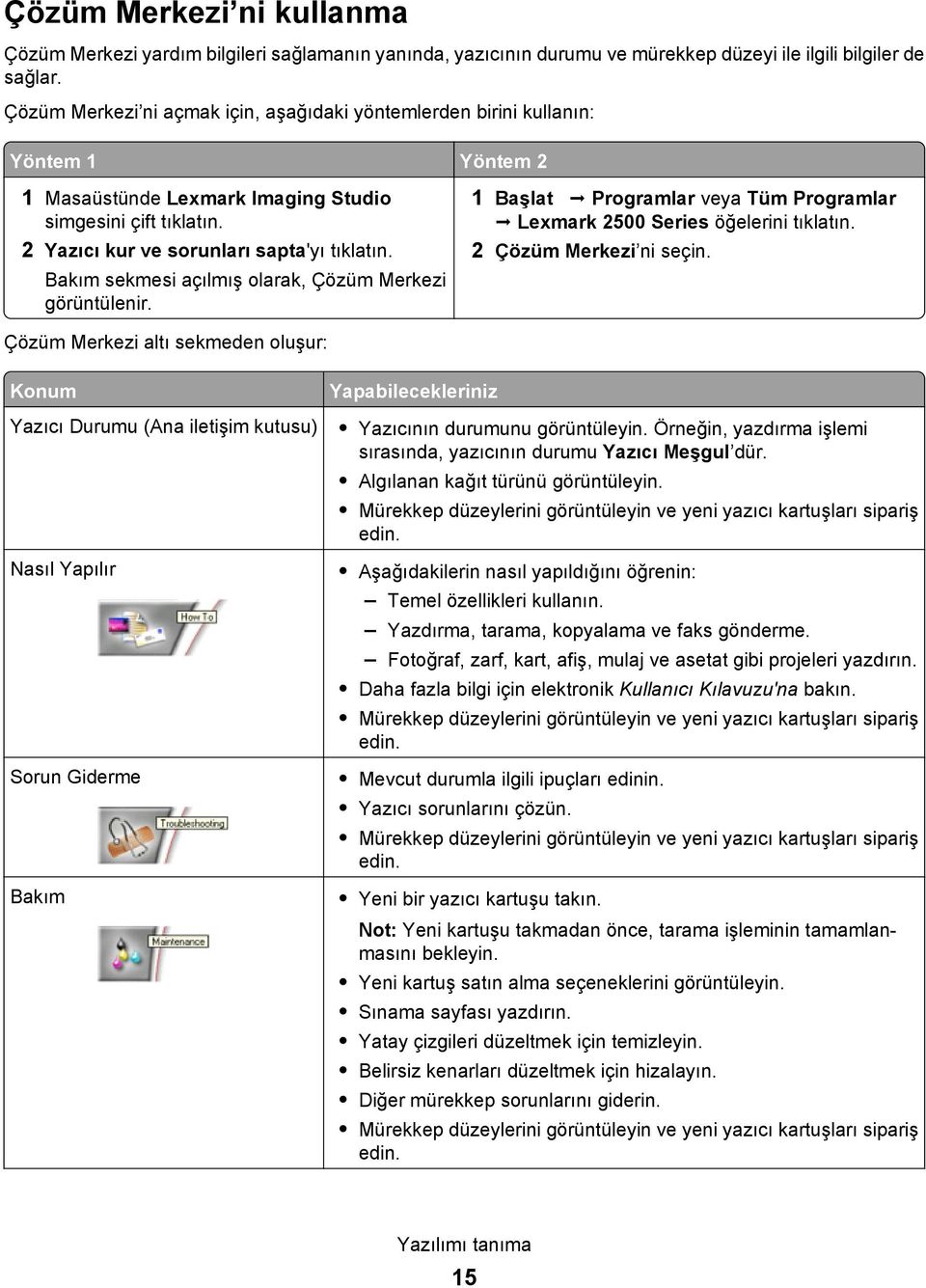 Bakım sekmesi açılmış olarak, Çözüm Merkezi görüntülenir. 1 Başlat Programlar veya Tüm Programlar Lexmark 2500 Series öğelerini tıklatın. 2 Çözüm Merkezi ni seçin.