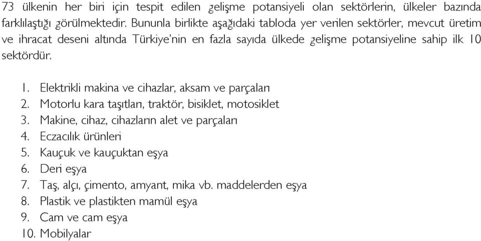 ilk 10 sektördür. 1. Elektrikli makina ve cihazlar, aksam ve parçaları 2. Motorlu kara taşıtları, traktör, bisiklet, motosiklet 3.