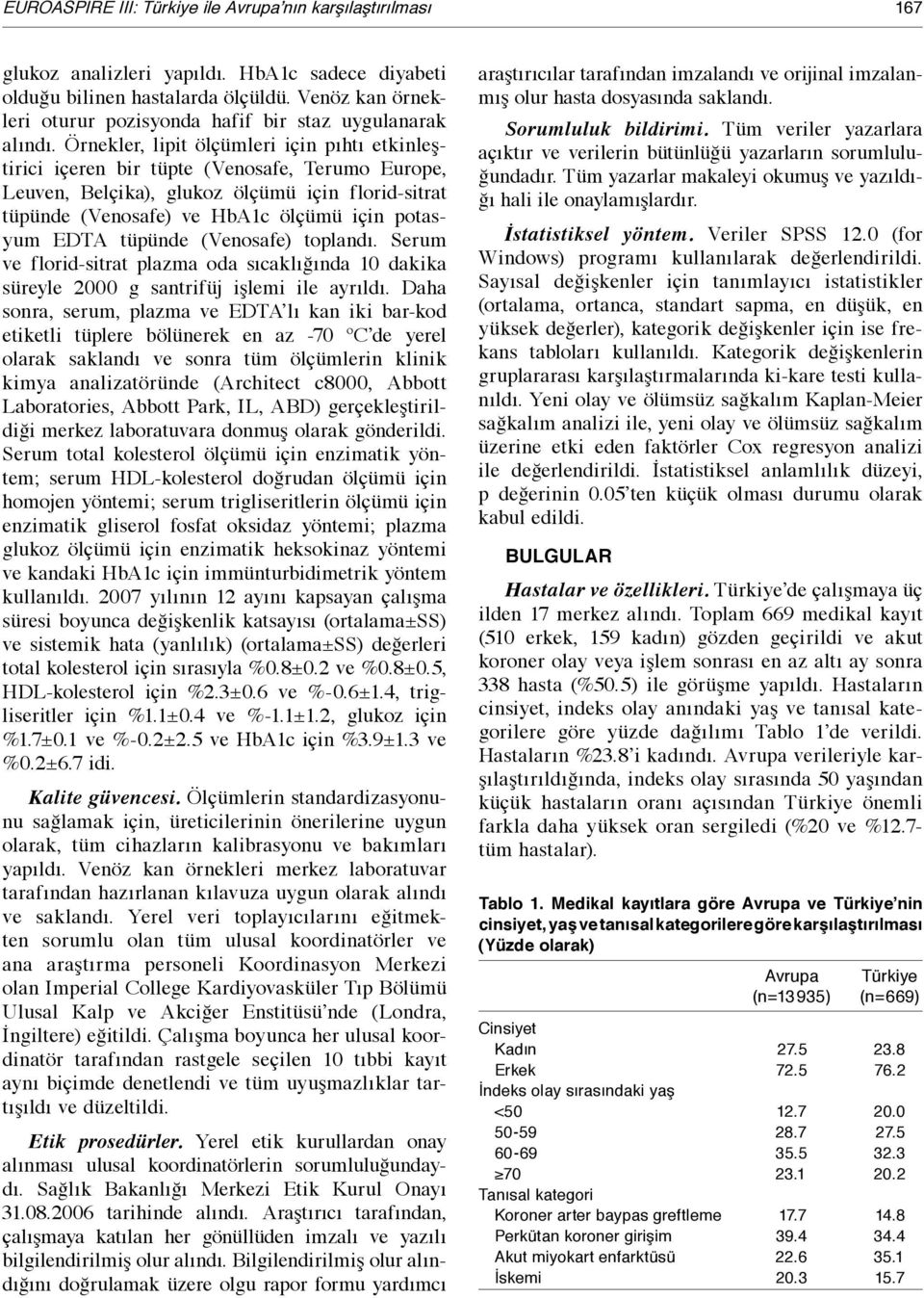 Örnekler, lipit ölçümleri için pıhtı etkinleştirici içeren bir tüpte (Venosafe, Terumo Europe, Leuven, Belçika), glukoz ölçümü için florid-sitrat tüpünde (Venosafe) ve HbA1c ölçümü için potasyum EDTA