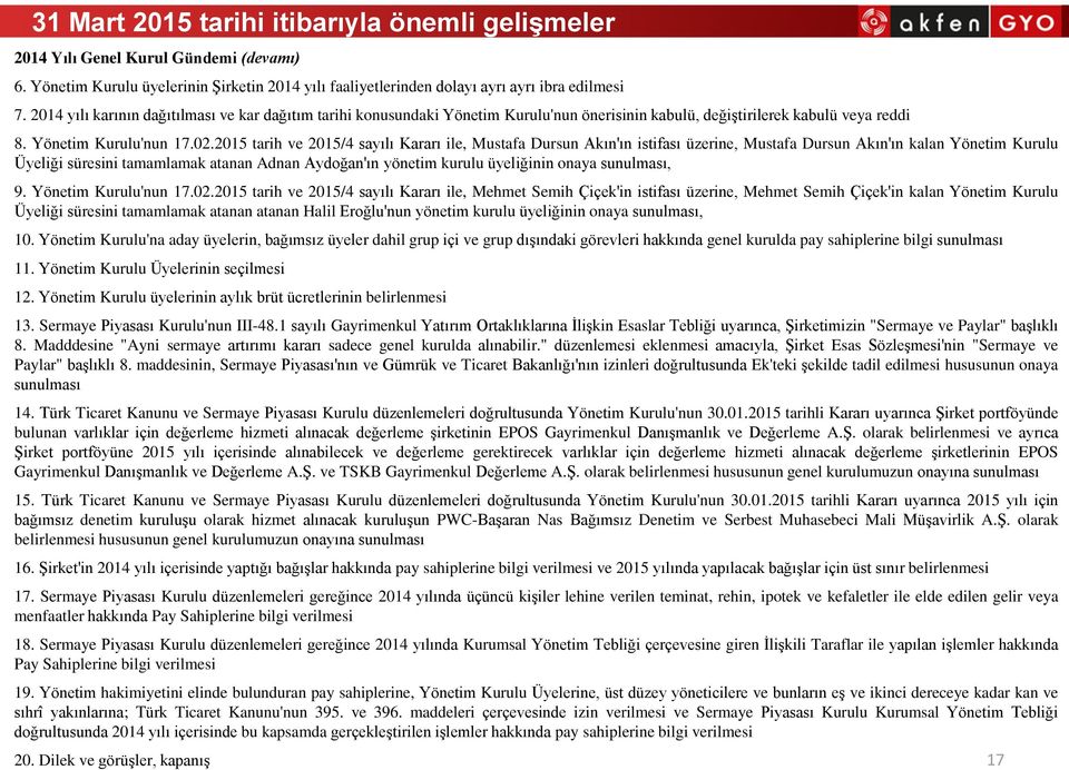 2015 tarih ve 2015/4 sayılı Kararı ile, Mustafa Dursun Akın'ın istifası üzerine, Mustafa Dursun Akın'ın kalan Yönetim Kurulu Üyeliği süresini tamamlamak atanan Adnan Aydoğan'ın yönetim kurulu