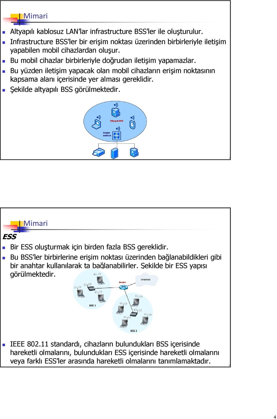 Şekilde altyapılı BSS görülmektedir. 7 ESS Mimari Bir ESS oluşturmak için birden fazla BSS gereklidir.